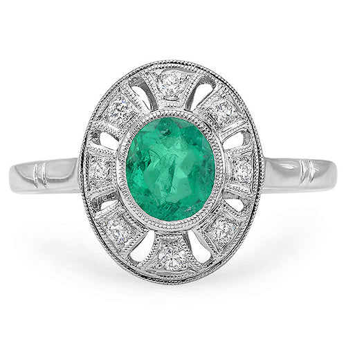 Vintage Inspired Diamond & Emerald Mount Center Ring