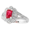 RUBY EMERALD CUT CENTER AND DIAMOND WHITE GOLD RING