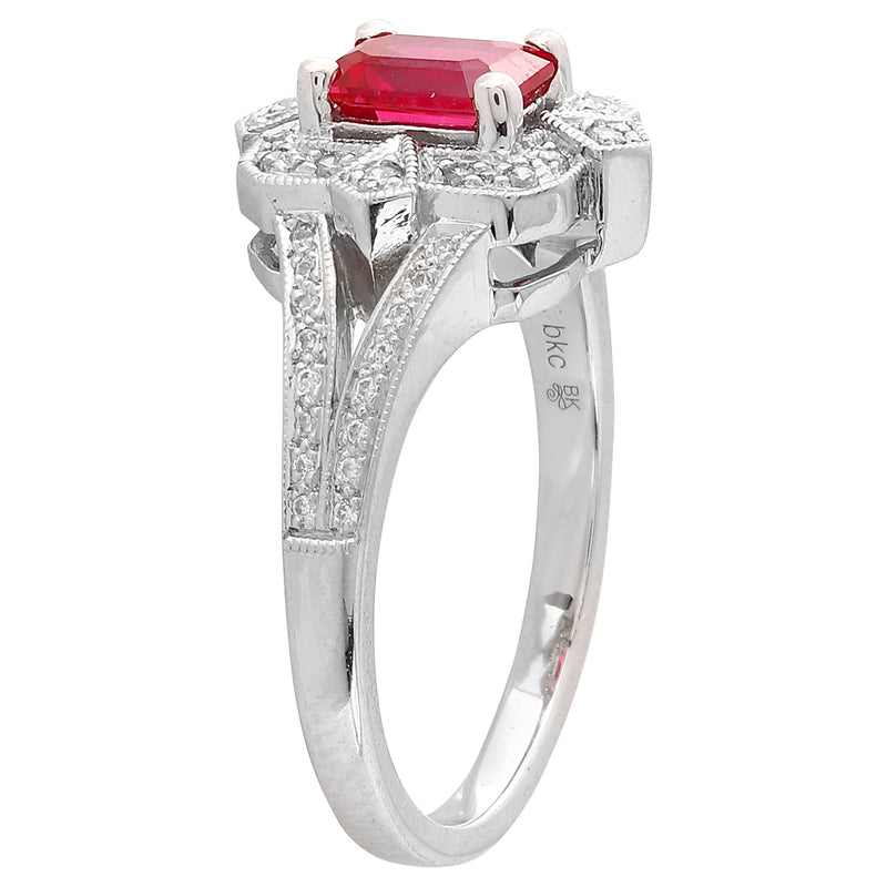 RUBY EMERALD CUT CENTER AND DIAMOND WHITE GOLD RING