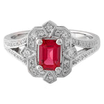 RUBY EMERALD CUT CENTER AND DIAMOND WHITE GOLD RING