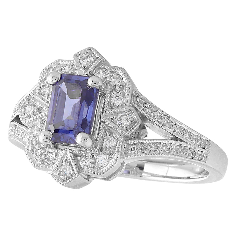 SAPPHIRE EMERALD CUT CENTER AND DIAMOND WHITE GOLD RING