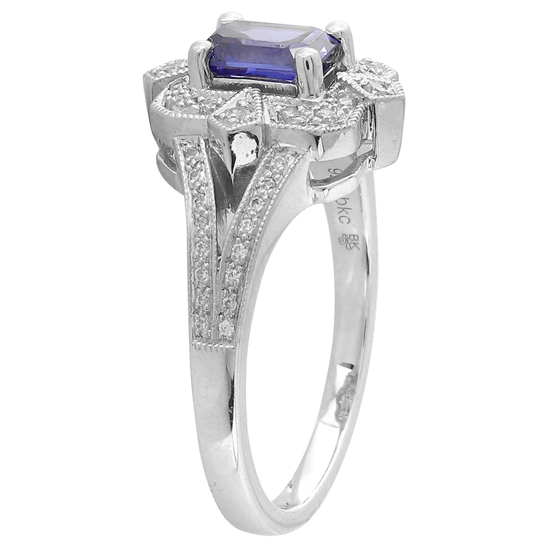 SAPPHIRE EMERALD CUT CENTER AND DIAMOND WHITE GOLD RING