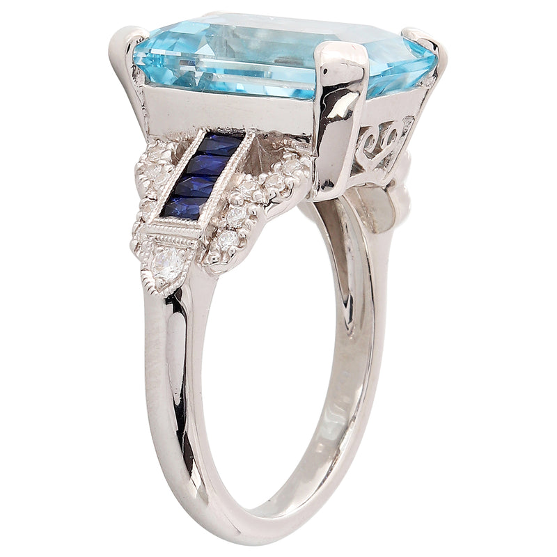 Diamond & Sapphire with Emerald Cut Sky Blue Topaz Center Semi-Mount Ring