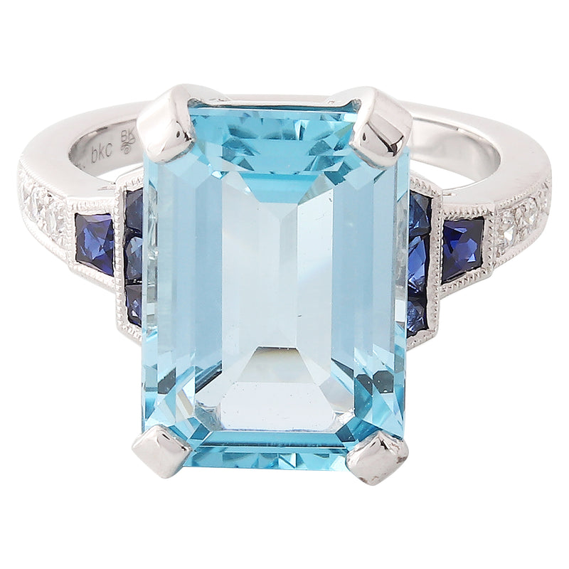 SKY BLUE TOPAZ 14X10MM MOUNT CENTER WITH DIAMOND AND SAPPHIRE ON WHITE GOLD RING