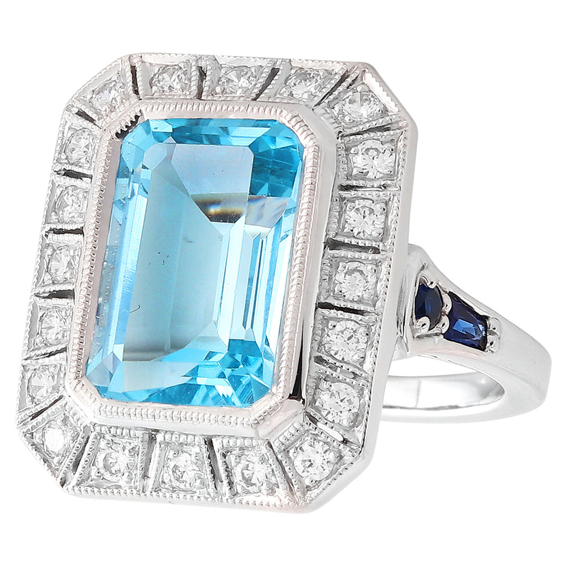 Sky blue topaz 12x8.2mm mount center with diamond and sapphire on white gold ring