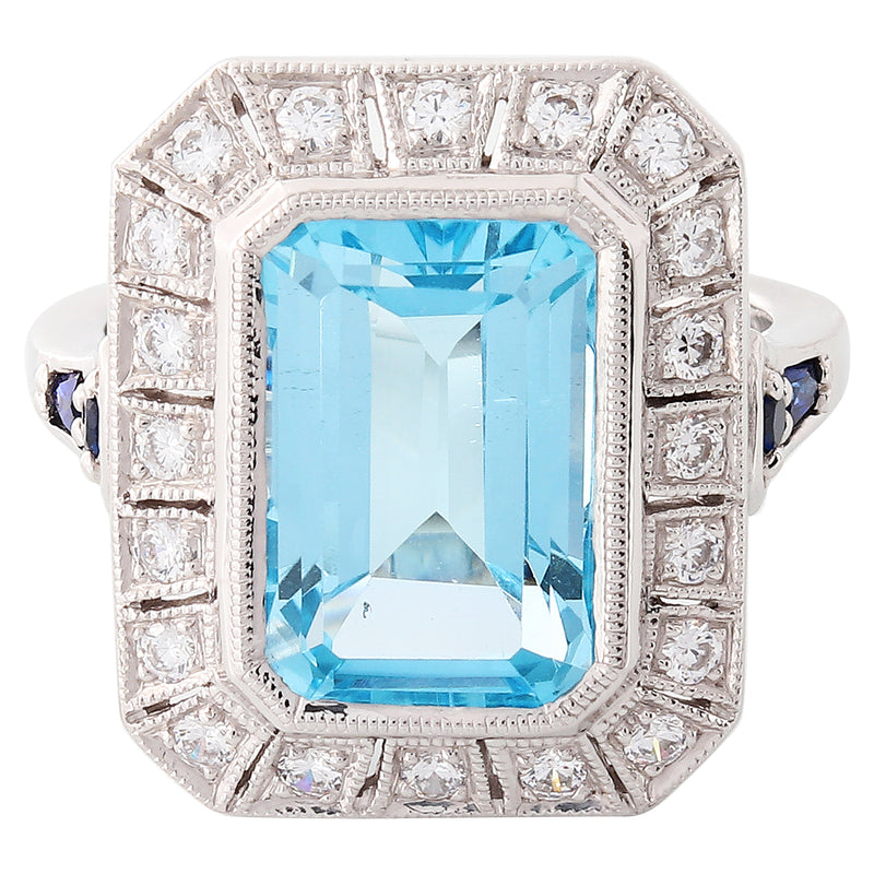 Sky blue topaz 12x8.2mm mount center with diamond and sapphire on white gold ring