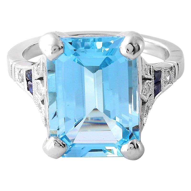 Emerald Cut Mount Set with A 14x10mm Sky Blue Topaz Center on White Gold Ring