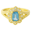 LONDON BLUE TOPAZ EMERALD CUT CENTER AND DIAMOND YELLOW GOLD RING