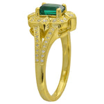 TSAVORITE EMERALD CUT CENTER AND DIAMOND YELLOW GOLD RING