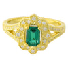 TSAVORITE EMERALD CUT CENTER AND DIAMOND YELLOW GOLD RING