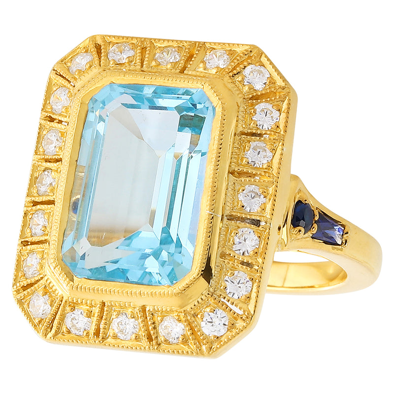 Sky blue topaz 12x8.2mm mount center with diamond and sapphire on yellow gold ring