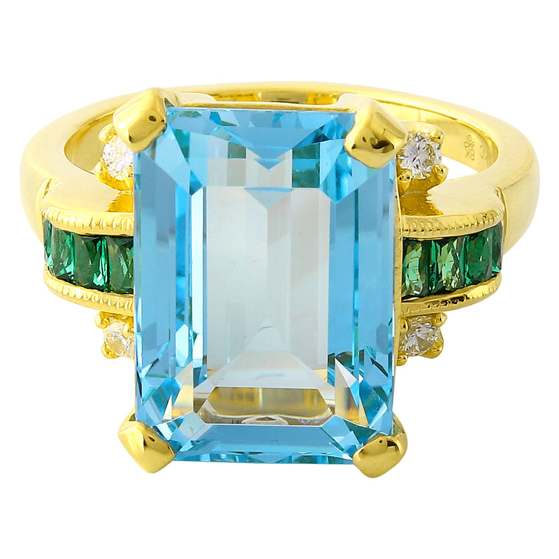 Blue Topaz Center With Tsavorite and Diamond Yellow Gold Ring