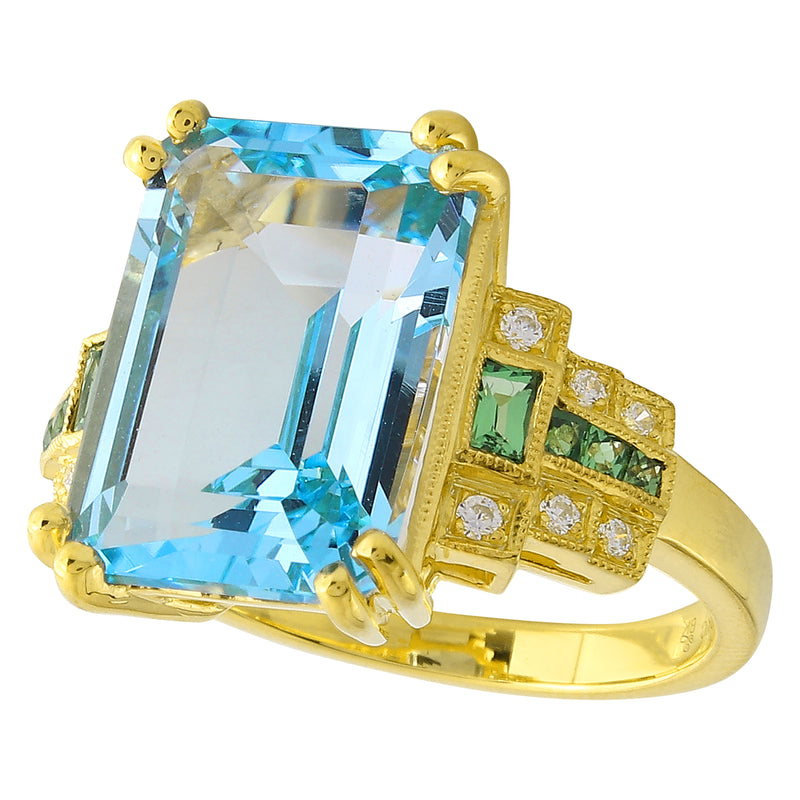 Blue Topaz Center With Tsavorite and Diamond Side on Yellow Gold Ring