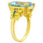 Blue Topaz Center With Tsavorite and Diamond Side on Yellow Gold Ring