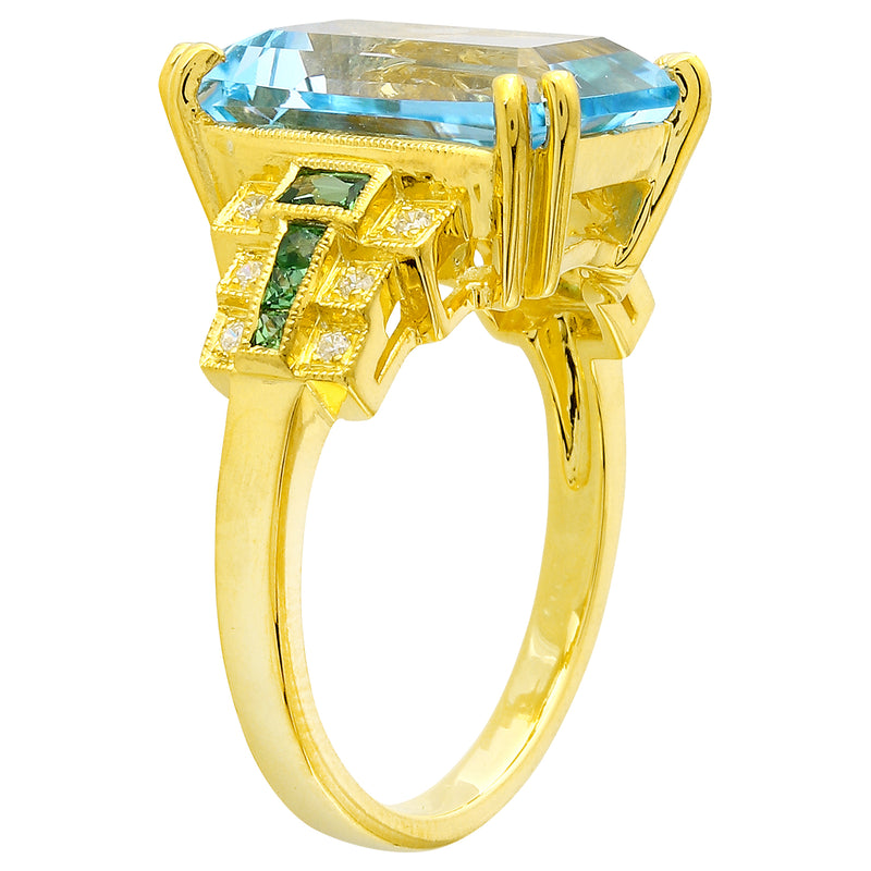 Blue Topaz Center With Tsavorite and Diamond Side on Yellow Gold Ring