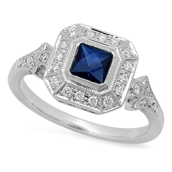 Vintage Inspired Diamond & Sapphire Asscher Cut Semi-Mount Ring