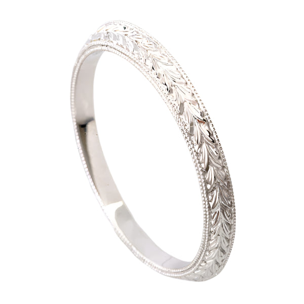 Hand Engrave Eternity with Milgrain Solid White Gold Angle Band