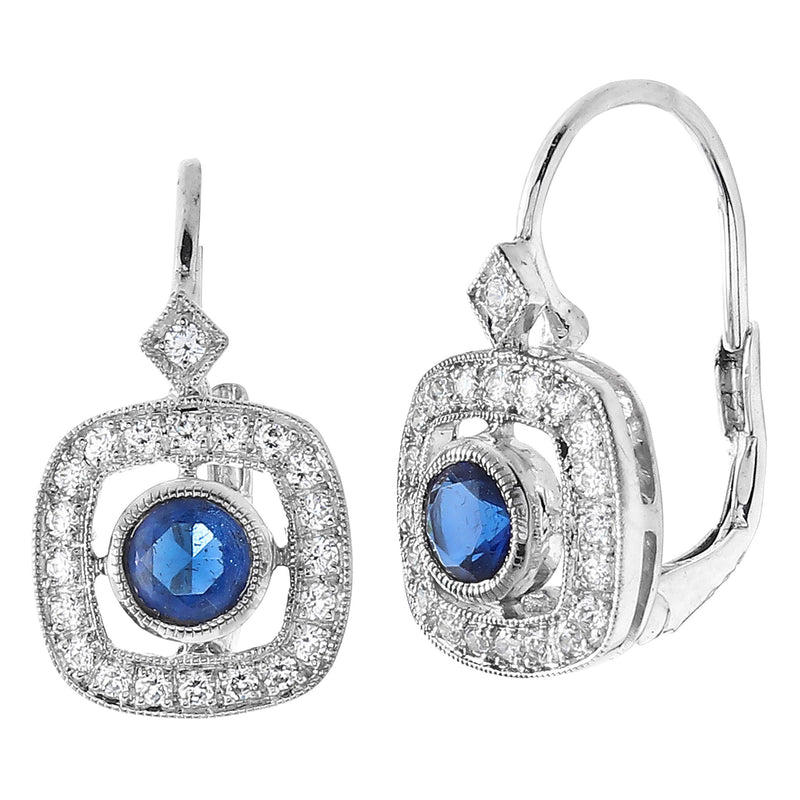 Bezel Set Blue Sapphire and Diamond Halo Leverback Earrings