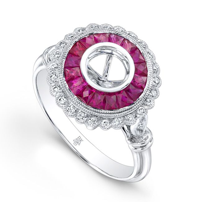 French Cut Ruby and Diamond Halo Engagement Semi-Mount