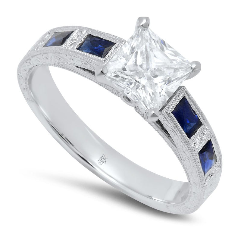 Sapphire and Diamond Engraved Engagement Semi-Mount