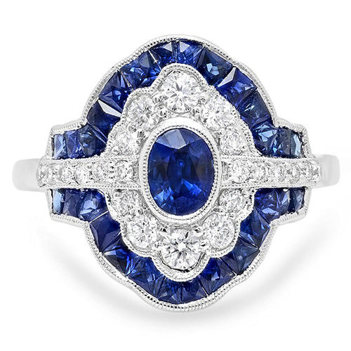 French Cut Blue Sapphire and Diamond Ring