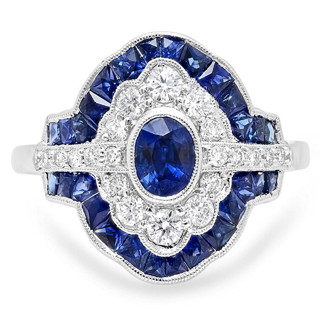 French Cut Blue Sapphire and Diamond Ring