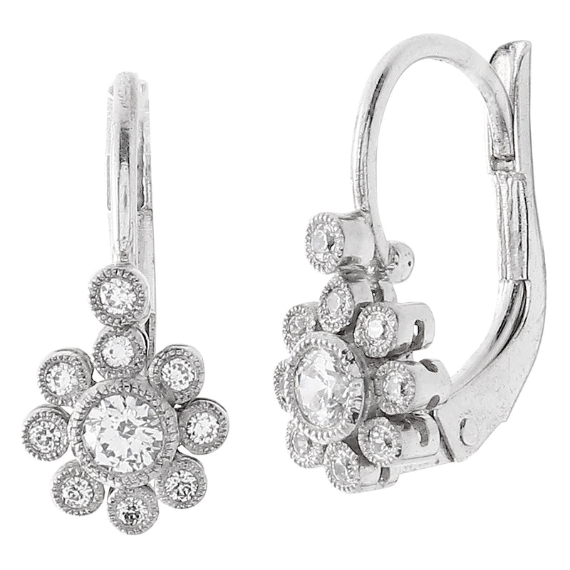 Bezel Set Diamond Floral Leverback Earrings