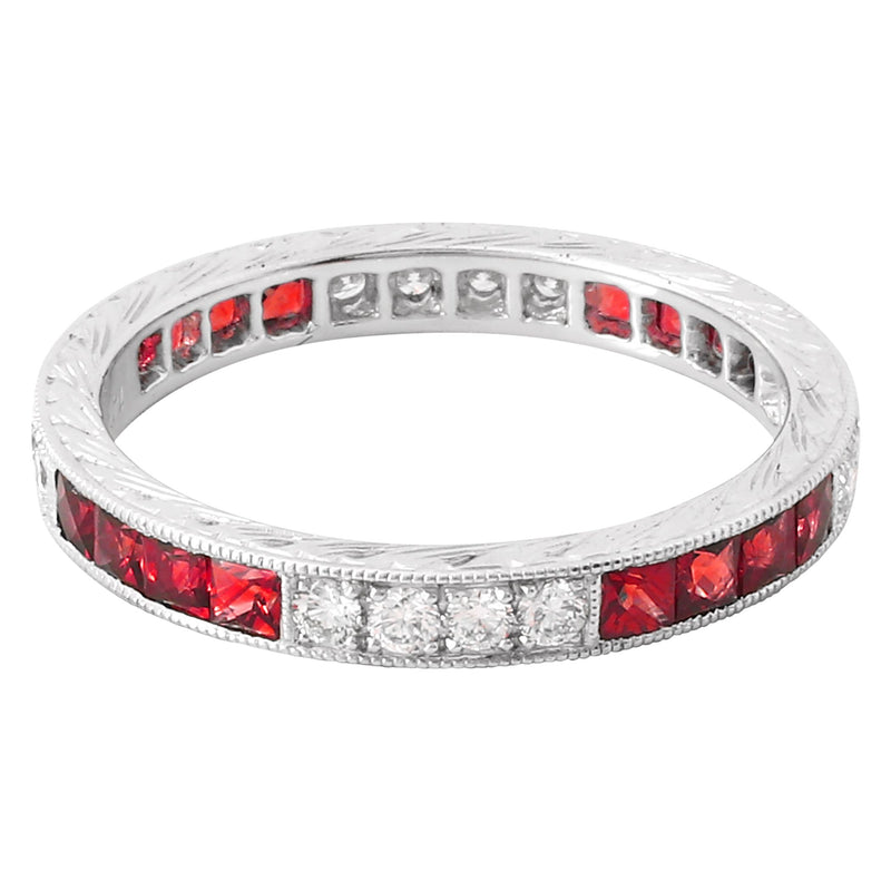 French Cut Ruby and Round Diamond Eternity Band