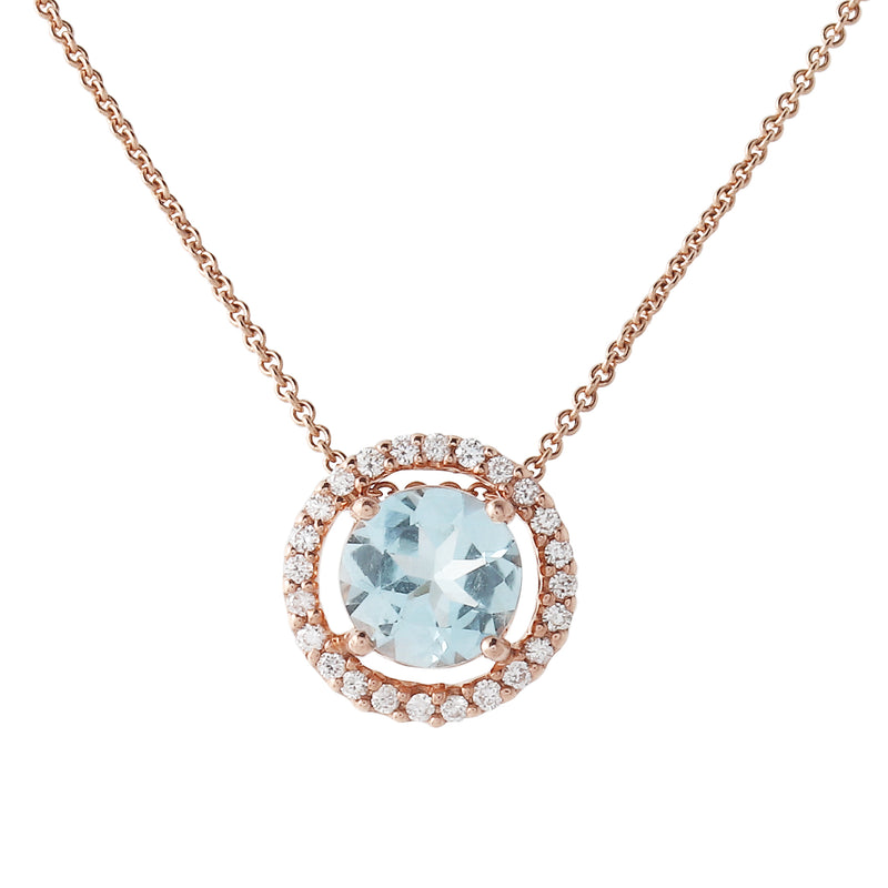 Rose Gold Diamond Halo with Aqua Center Pendent