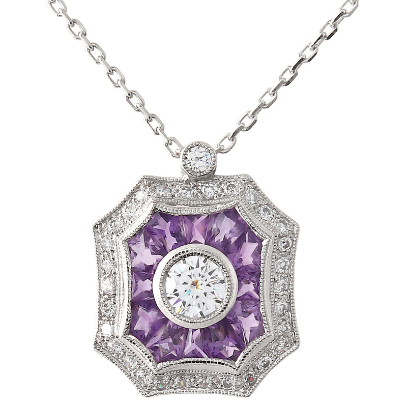 Amethyst and Diamond Art-Deco Halo Pendant