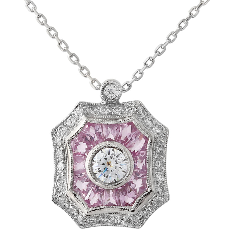 Pink Sapphire and Diamond Art-Deco Halo Pendant