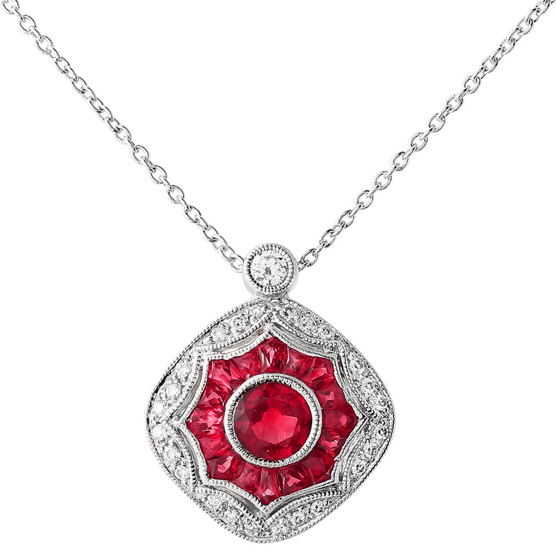 Round Cut Ruby Center and Diamond Pendant