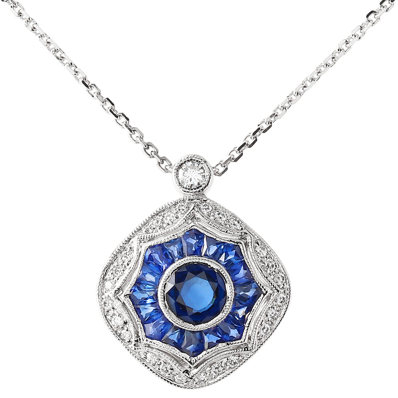 Round Cut Sapphire Center and Diamond Pendant