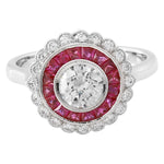 French Cut Ruby and Diamond Halo Engagement Semi-Mount