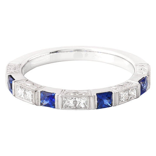 Princess Cut Sapphire and Diamond Band set Halfway