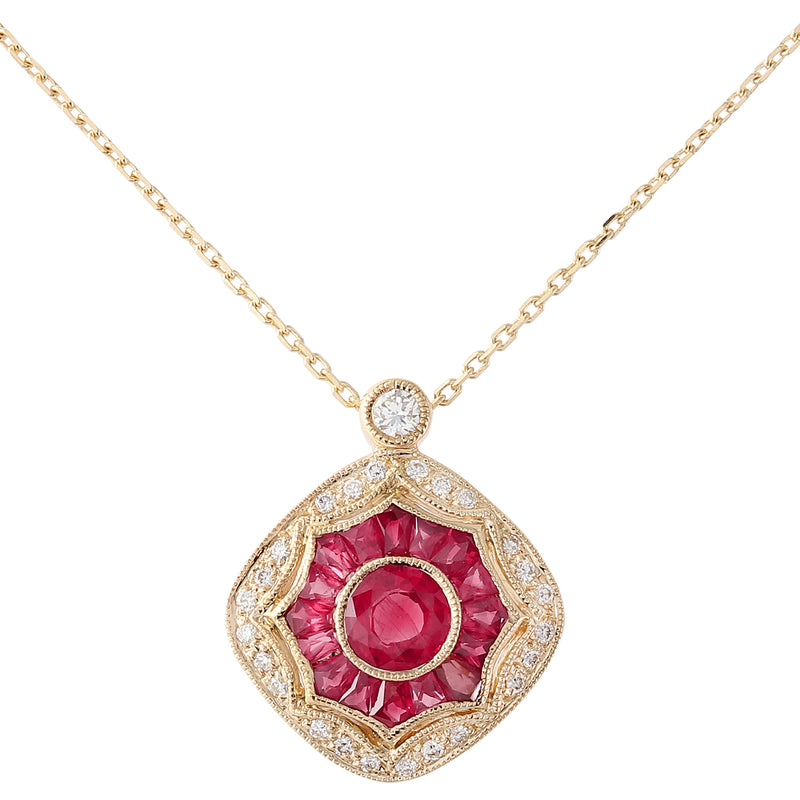 Round Cut Ruby Center and Diamond Pendant