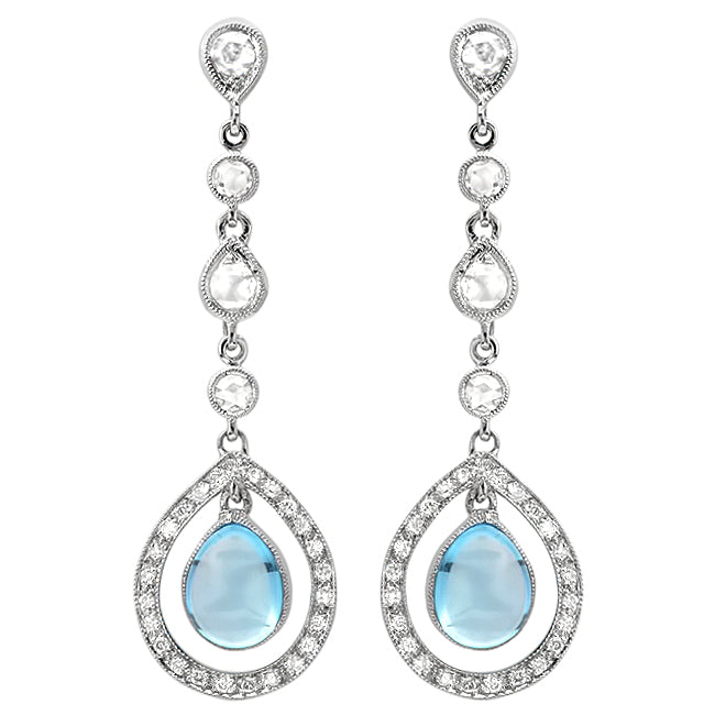 White Gold Diamond and Blue Topaz Dangle Earrings