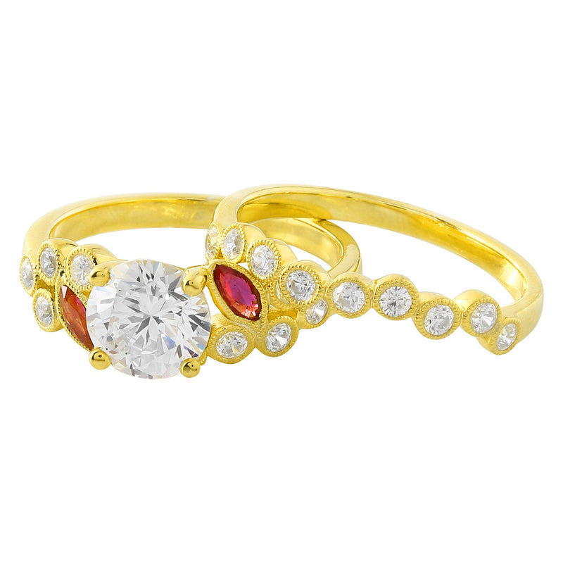 Bezel Set Ruby and Diamond Floral Engagement Set