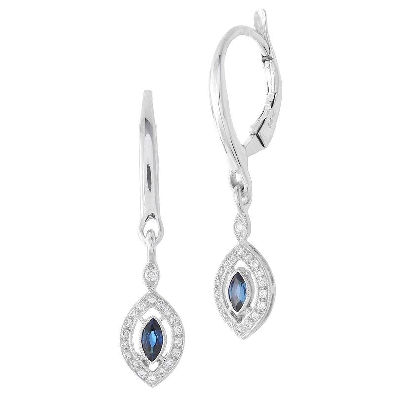 Bezel Set Marquise Cut Blue Sapphire Dangle Leverback Earrings