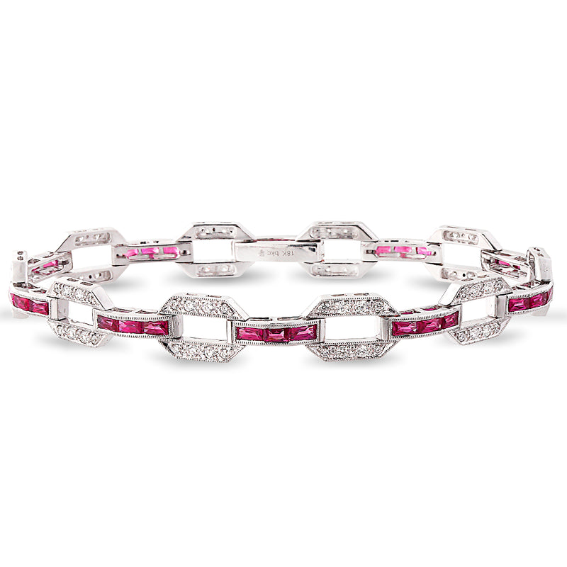 Baguette Cut Ruby and Diamond Chain Link Tennis Bracelet