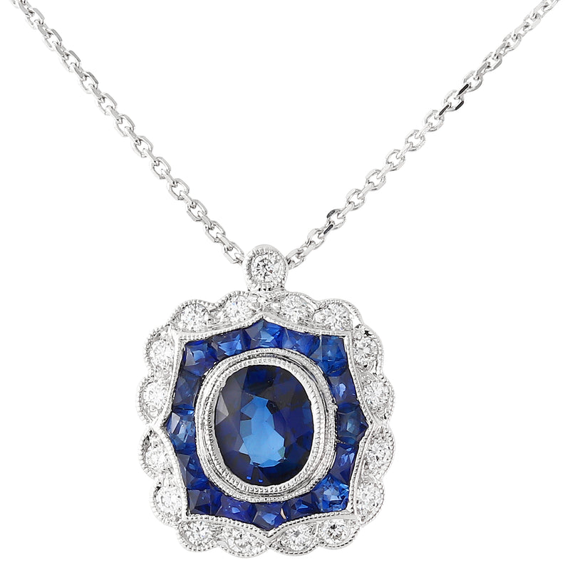 Platinum Oval Sapphire Center and Diamond Pendant