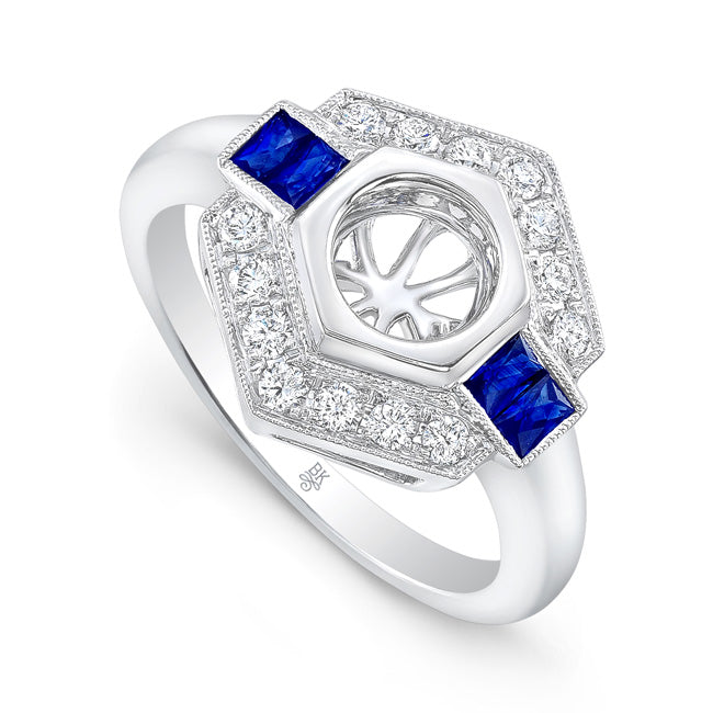 Diamond Hexagon Halo Sapphire Shoulder Engagement Semi-Mount