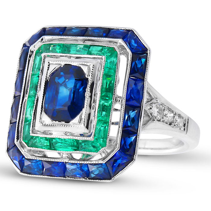 Oval Cut Sapphire Fashion Ring with Emerald and Diamond
