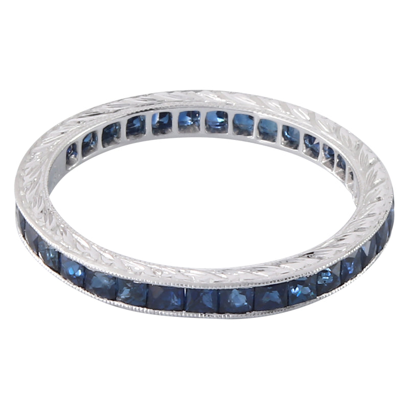Channel Set French Cut Sapphire Engraved Eternity Band