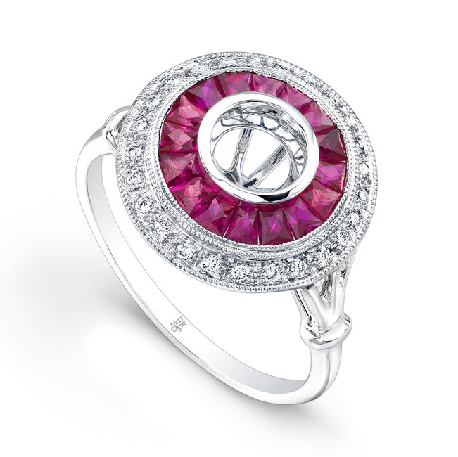 French Cut Ruby Halo and Diamond Semi-Mount