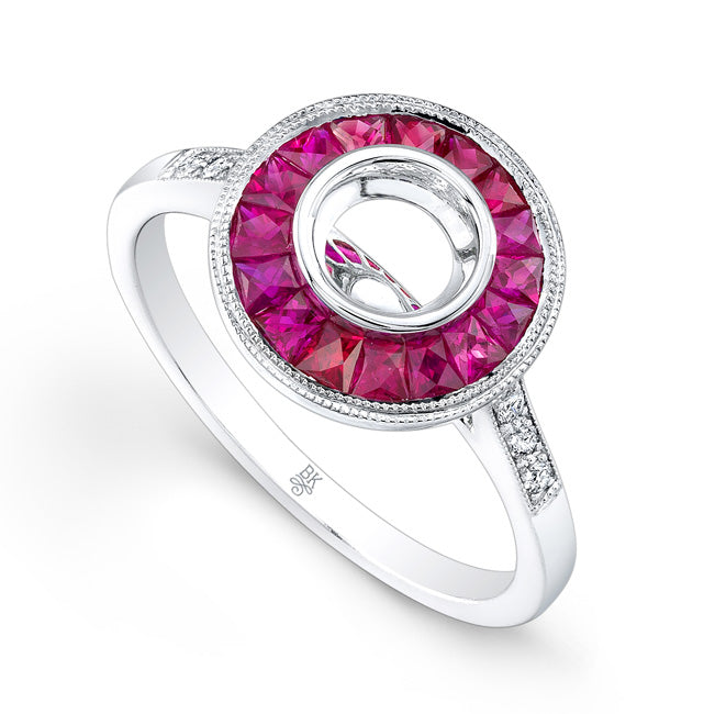 French Cut Ruby Halo Engagement Semi-Mount