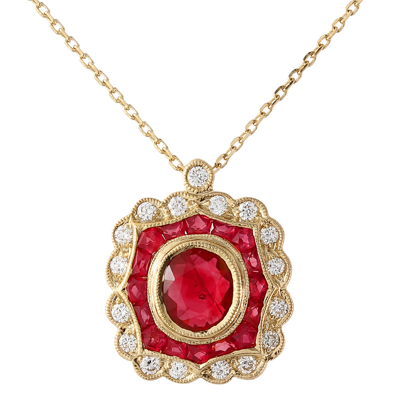 Yellow Gold Oval Ruby Center and Diamond Pendant