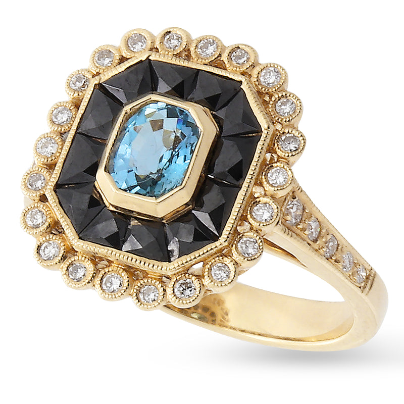Oval Cut Aqua, Onyx and Diamond Halo Fashion Ring