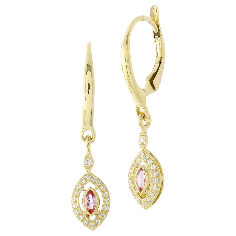 Bezel Set Marquise Cut Pink Sapphire Dangle Leverback Earrings