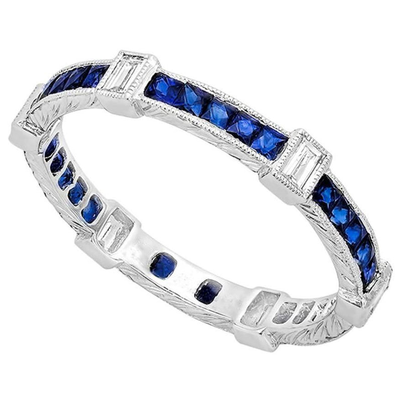 Sapphire and Baguette Cut Diamond Station Eternity Band